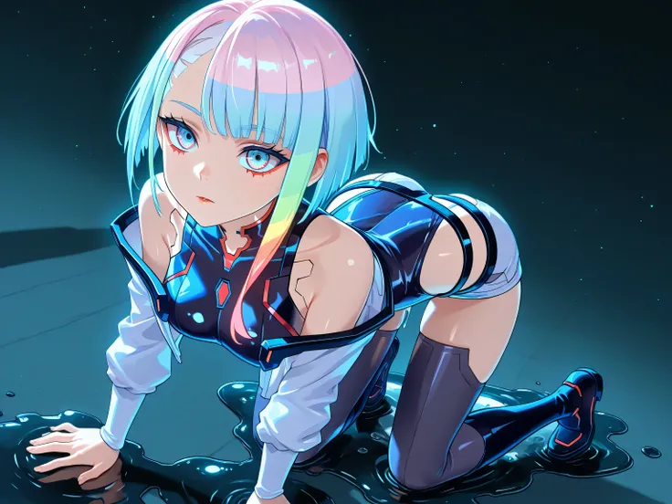 lucy \(cyberpunk\) transformation melting, fully melted:1.0, melt into a puddle:1.0, multicolored hair, short hair, solo, blue eyes, turtleneck leotard, short shorts, thighhighs,3DMM,high definition eyes,detailed eyes, ultra high detail,  