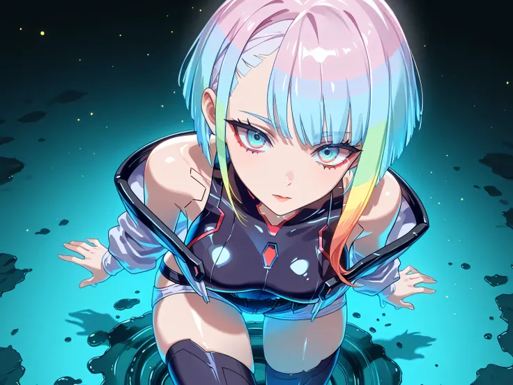 lucy \(cyberpunk\) transformation melting, fully melted:1.0, melt into a puddle:1.0, multicolored hair, short hair, solo, blue eyes, turtleneck leotard, short shorts, thighhighs,3DMM,high definition eyes,detailed eyes, ultra high detail,