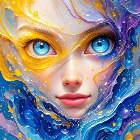 DALL-E3!! A woman's face emerges from a troubled blue and white canvas, her deep blue eyes shining with curiosity, soft lips slightly parted in quiet contemplation, blending perfectly into the surrounding texture. The contrast of golden color creates a fee...
