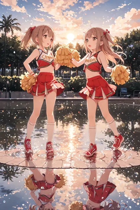 masterpiece, best quality, ultra-detailed, high resolution, 8k, intricate details, full body, sharp focus, 
BREAK  2girls, only 2girls, Twin girls, light brown hair, They are wearing Cheerleader outfits, dancing, dynamic composition, Reflected in the water...