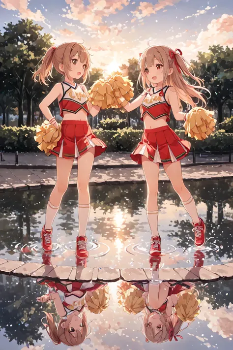masterpiece, best quality, ultra-detailed, high resolution, 8k, intricate details, full body, sharp focus, 
BREAK  2girls, only 2girls, Twin girls, light brown hair, They are wearing Cheerleader outfits, dancing, dynamic composition, Reflected in the water...
