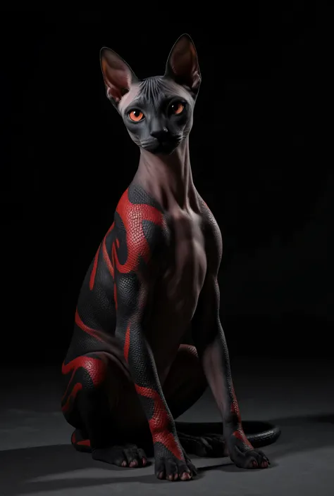 A hyper-realistic photograph of a hybrid creature that looks like a Sphynx cat with reptilian features. Its body is covered in detailed black scales with fiery red snake-like patterns, each scale rendered with ultra-realistic texture and natural imperfecti...
