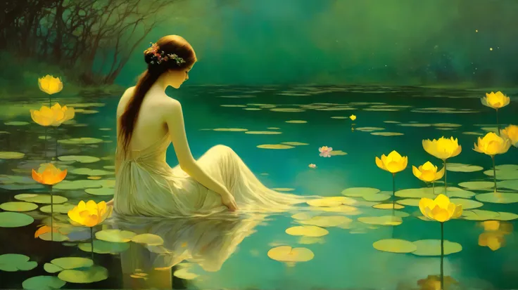 a woman sitting by a lake with her naked back turned to the camera refresh her feet in the water, she has a colorful yoke in her hip, the yoke dances in the water confunding with the acquatic flowers, surreal fantasy, detailed, intricate, starlit, vivid c...