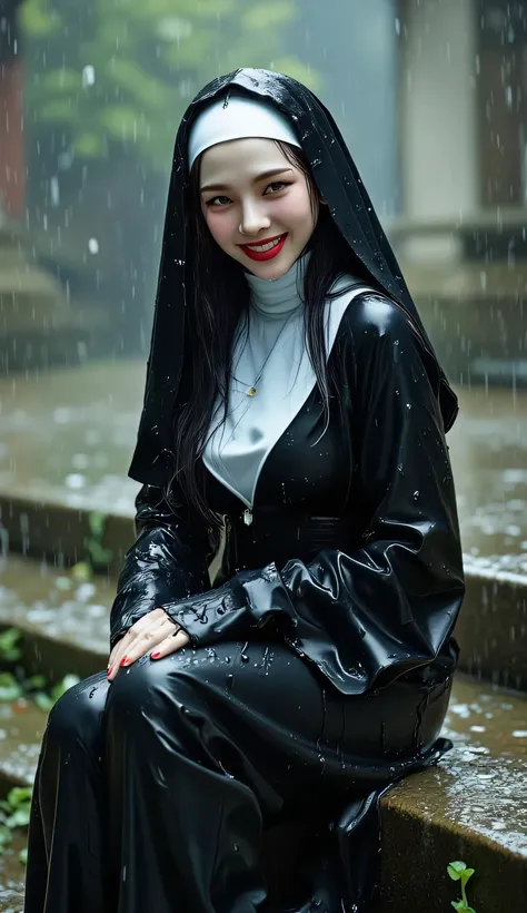 A stunning portrait of Karina from Aespa, sitting gracefully in a misty church garden during a gentle rain shower. She's wearing a form-fitting nun's habit that's become wet from the rain, clinging elegantly to her curvy figure. Her generous curves are acc...