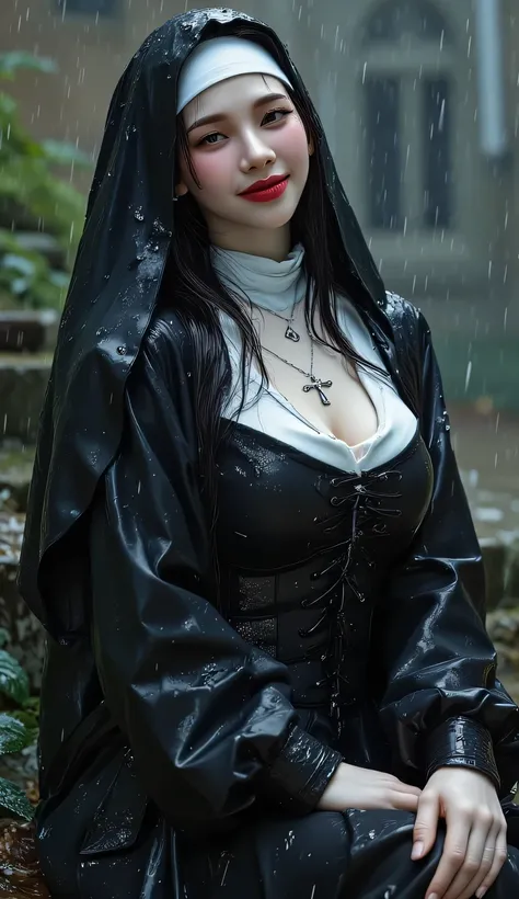 A stunning portrait of Karina from Aespa, sitting gracefully in a misty church garden during a gentle rain shower. She's wearing a form-fitting nun's habit that's become wet from the rain, clinging elegantly to her curvy figure. Her generous curves are acc...