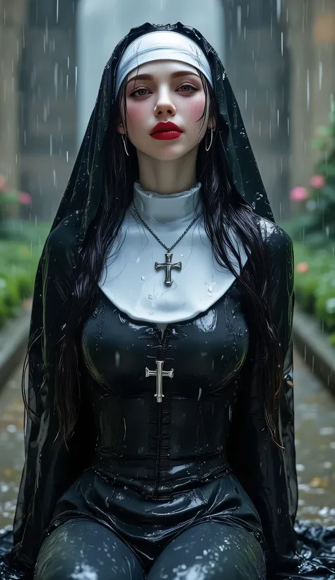 A stunning portrait of Karina from Aespa, sitting gracefully in a misty church garden during a gentle rain shower. She's wearing a form-fitting nun's habit that's become wet from the rain, clinging elegantly to her curvy figure. Her generous curves are acc...