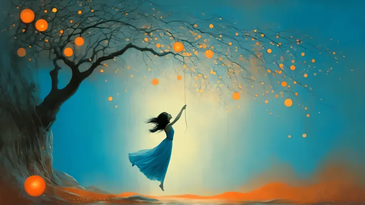girl, jump string, gardem. surreal fantasy, Starlit, dreamy mood, fine brushstrokes, vivid colors, Stephen Mackey´s and M. W. Kaluta´s whimsical painting depicting, dramatic light, high contrast with patterns. color palette: Maximum Blue, Battery Charged...