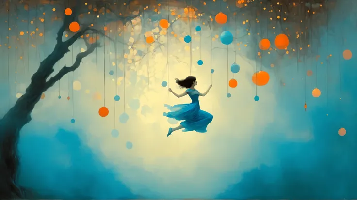 girl, jump string, gardem. surreal fantasy, Starlit, dreamy mood, fine brushstrokes, vivid colors, Stephen Mackey´s and M. W. Kaluta´s whimsical painting depicting, dramatic light, high contrast with patterns. color palette: Maximum Blue, Battery Charged...