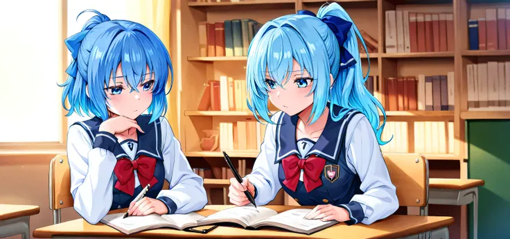 ice-blue hair, blue eyes, school uniform, ponytail with a bow, writing a book