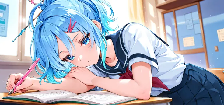 ice-blue hair, blue eyes, school uniform, ponytail with a hairpin, writing a book