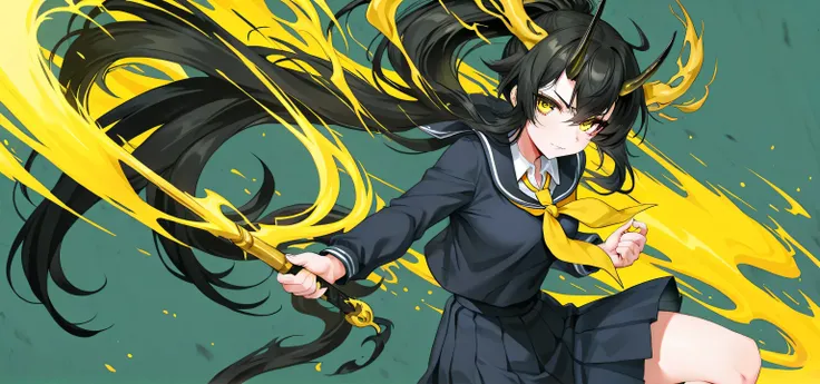 black hair, yellow eyes, school uniform, ponytail, horns,solo