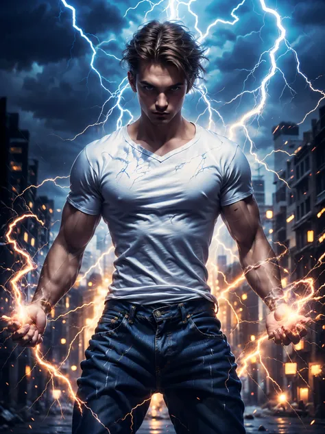 electricity, lightning,electrified, weilding thunder,electricity, lightning, thunder-hand, thunder-aura, thunder-weapon,dynamic pose, fighting stance,1, casting spell, (1 man, 1 male, male-focus, muscular man, 25-year old, brown hair, blue eyes, wearing je...