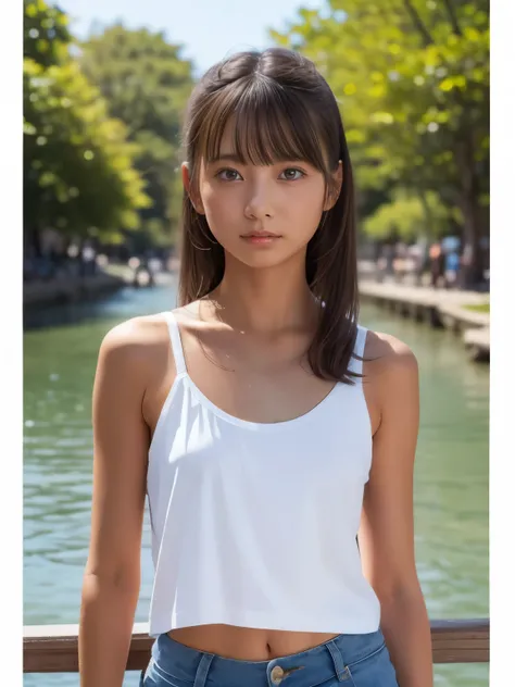 (8k,  RAW photo, best quality ,  high resolution:1.1), (  ultra-realistic  :1.4),( realistic,  realistic:1.3), Japanese Beauty , white tanktop & hot pants,wholle body shot,river side、peace sin、