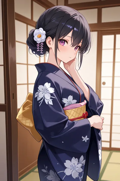 An anime girl wearing a traditional kimono , 8K quality , in a room, detailed background