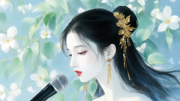 A woman singing into a microphone.work. A woman wearing a golden natural motif accessory、 flowing , digital art with quiet and mystical scenes。they look like waves and fog、gracefully on translucent green leaves I'm leaning back. the leaves mix with delicat...