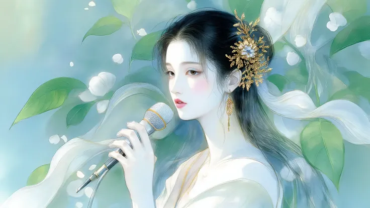 A woman singing into a microphone.work. A woman wearing a golden natural motif accessory、 flowing , digital art with quiet and mystical scenes。they look like waves and fog、gracefully on translucent green leaves I'm leaning back. the leaves mix with delicat...