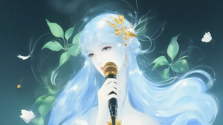 A woman singing into a microphone.work. A woman wearing a golden natural motif accessory、 flowing , digital art with quiet and mystical scenes。they look like waves and fog、gracefully on translucent green leaves I'm leaning back. the leaves mix with delicat...