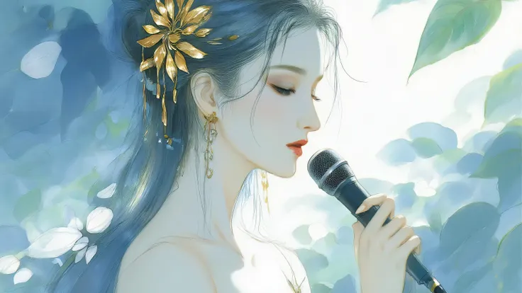 A woman singing into a microphone.work. A woman wearing a golden natural motif accessory、 flowing , digital art with quiet and mystical scenes。they look like waves and fog、gracefully on translucent green leaves I'm leaning back. the leaves mix with delicat...
