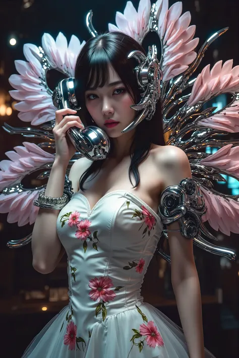 Ishikawa Ren ,Bar Singer, elegant floral dress, A human being made half of a machine, flower shaped machine, Are you holding a telephone handset on the phone, big breast