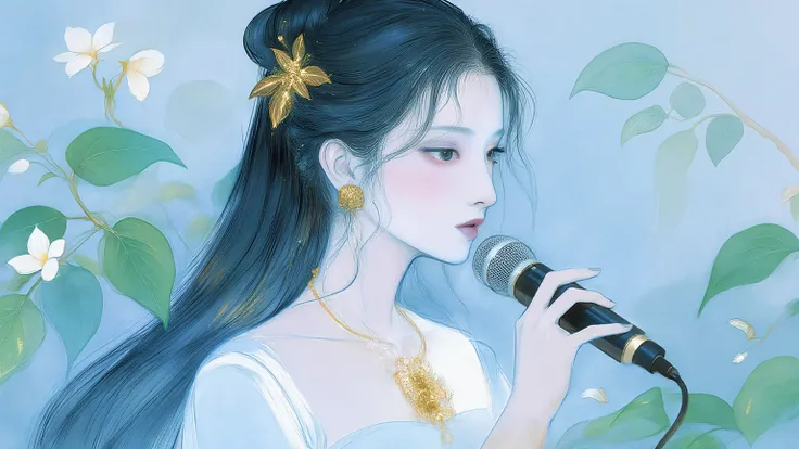 A woman singing into a microphone.work. A woman wearing a golden natural motif accessory、 flowing , digital art with quiet and mystical scenes。they look like waves and fog、gracefully on translucent green leaves I'm leaning back. the leaves mix with delicat...