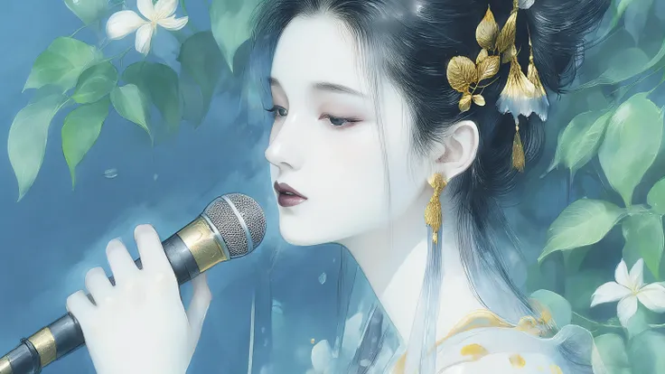 A woman singing into a microphone.work. A woman wearing a golden natural motif accessory、 flowing , digital art with quiet and mystical scenes。they look like waves and fog、gracefully on translucent green leaves I'm leaning back. the leaves mix with delicat...