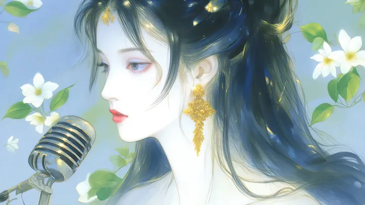 A woman singing into a microphone.work. A woman wearing a golden natural motif accessory、 flowing , digital art with quiet and mystical scenes。they look like waves and fog、gracefully on translucent green leaves I'm leaning back. the leaves mix with delicat...