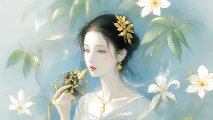 A woman singing into a microphone.work. A woman wearing a golden natural motif accessory、 flowing , digital art with quiet and mystical scenes。they look like waves and fog、gracefully on translucent green leaves I'm leaning back. the leaves mix with delicat...