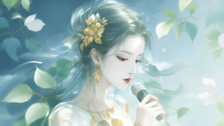A woman singing into a microphone.work. A woman wearing a golden natural motif accessory、 flowing , digital art with quiet and mystical scenes。they look like waves and fog、gracefully on translucent green leaves I'm leaning back. the leaves mix with delicat...