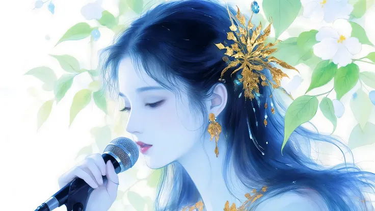A woman singing into a microphone.work. A woman wearing a golden natural motif accessory、 flowing , digital art with quiet and mystical scenes。they look like waves and fog、gracefully on translucent green leaves I'm leaning back. the leaves mix with delicat...