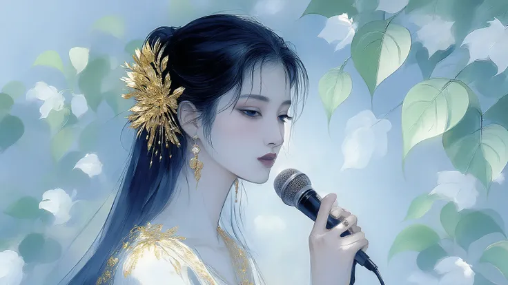 A woman singing into a microphone.work. A woman wearing a golden natural motif accessory、 flowing , digital art with quiet and mystical scenes。they look like waves and fog、gracefully on translucent green leaves I'm leaning back. the leaves mix with delicat...