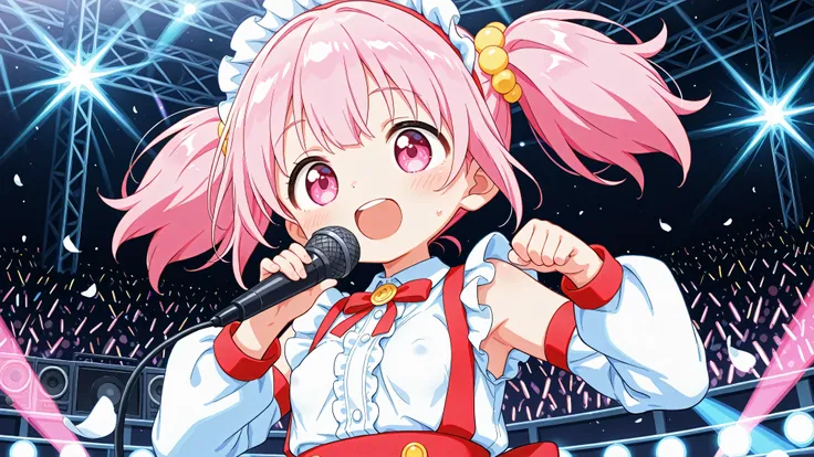  A woman singing into a microphone.she says 、 Pink hair with twin tails 、pink eyes、slightly larger boobs、white、little girl、2060 is a gentle