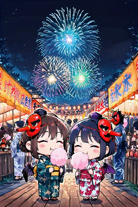 score_9, score_8_superior, score_7_superior, masterpiece, best quality, absurdres, high_fidelity, vibrant, sauce_anime, rating_safe, Adorable, 2girls, (chibi:1.5), (Tengu mask:1.3), yukata, kimono, tengu wings, blush stickers, eating cotton candy, summer f...