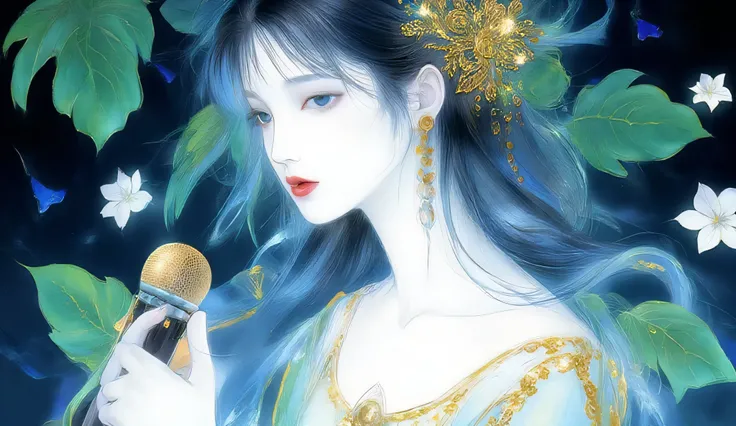 A woman singing into a microphone.work. A woman wearing a golden natural motif accessory、 flowing , digital art with quiet and mystical scenes。they look like waves and fog、gracefully on translucent green leaves I'm leaning back. the leaves mix with delicat...