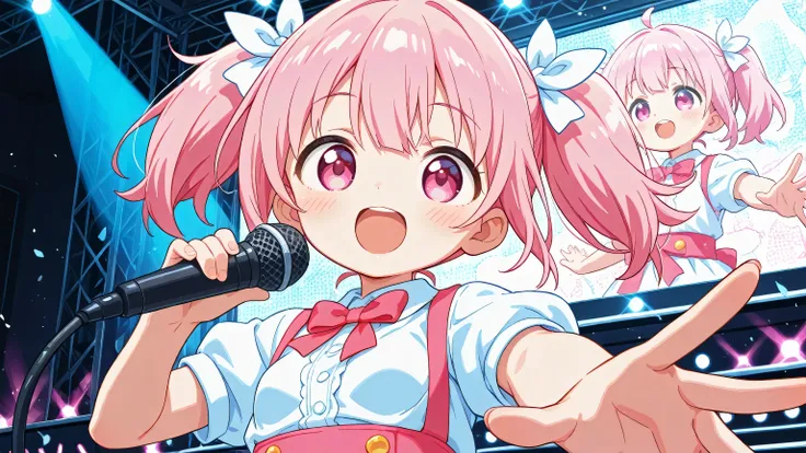  A woman singing into a microphone.she says 、 Pink hair with twin tails 、pink eyes、slightly larger boobs、white、little girl、2060 is a gentle