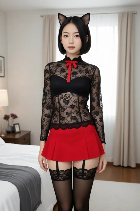 Realistic image style, 4k, high definition,  women's lace shirt with Asian features, about 18 years old, short hair, color black, height 1,65 m, her clothing consists of a top with a red neckline, and for the lower part a transparent mini skirt, long stock...