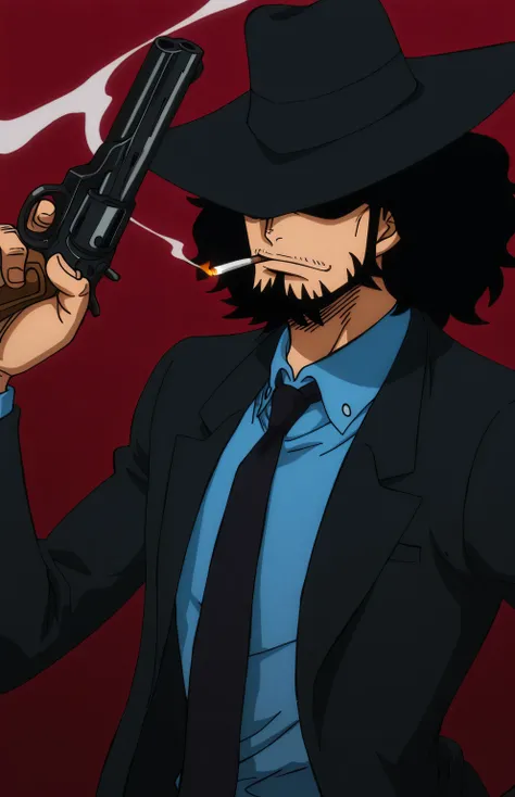 1male,solo,Daisuke Jigen,black hair,medium hair,black fedora hat,hat over eyes,beard,black suit,blue shirt,black necktie,smoking,ciggarette,muscle,hand gun,One Piece Anime Style
