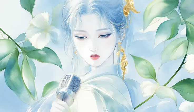 A woman singing into a microphone.work. A woman wearing a golden natural motif accessory、 flowing , digital art with quiet and mystical scenes。they look like waves and fog、gracefully on translucent green leaves I'm leaning back. the leaves mix with delicat...