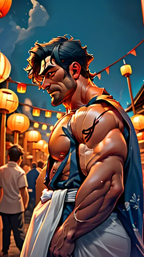 muscular japanese male, thick broad shoulders, Yakuza tattooes, wearing white fundoshi, traditional festival setting, glowing paper lanterns, muscular hairy chest, vibrant summer yukata crowd, gengoroh tagame art style, dramatic night lighting