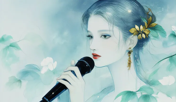 A woman singing into a microphone.work. A woman wearing a golden natural motif accessory、 flowing , digital art with quiet and mystical scenes。they look like waves and fog、gracefully on translucent green leaves I'm leaning back. the leaves mix with delicat...
