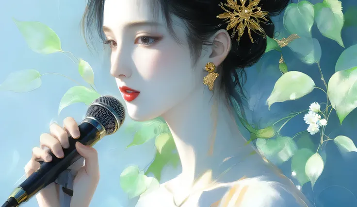 A woman singing into a microphone.work. A woman wearing a golden natural motif accessory、 flowing , digital art with quiet and mystical scenes。they look like waves and fog、gracefully on translucent green leaves I'm leaning back. the leaves mix with delicat...