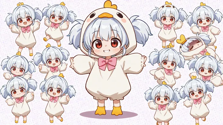 A woman singing into a microphone. Chibi, full body, cute girl, naughty smile, evil smile, yandere, silky shiny flowing platinum fluffy short pigtails and sideburns, wearing a cute puffy duck costume, pink bow tie, background is simple hot pink with variou...