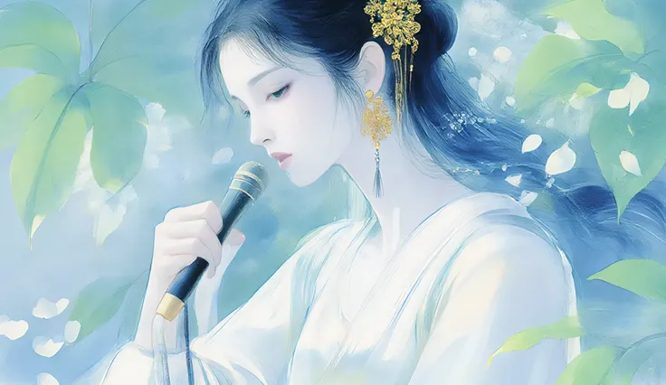 A woman singing into a microphone.work. A woman wearing a golden natural motif accessory、 flowing , digital art with quiet and mystical scenes。they look like waves and fog、gracefully on translucent green leaves I'm leaning back. the leaves mix with delicat...