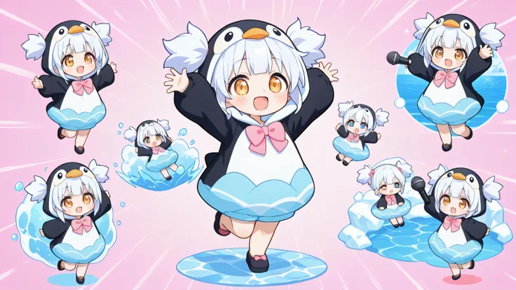 A woman singing into a microphone. Chibi, full body, cute girl, smile, fluffy short twin tails and sideburns in silky shiny flowing platinum, wearing a cute plump penguin costume, Pink Bow Tie, The background is an iceberg and ocean, masterpiece, Highest Q...