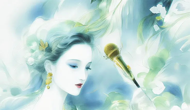 A woman singing into a microphone.work. A woman wearing a golden natural motif accessory、 flowing , digital art with quiet and mystical scenes。they look like waves and fog、gracefully on translucent green leaves I'm leaning back. the leaves mix with delicat...