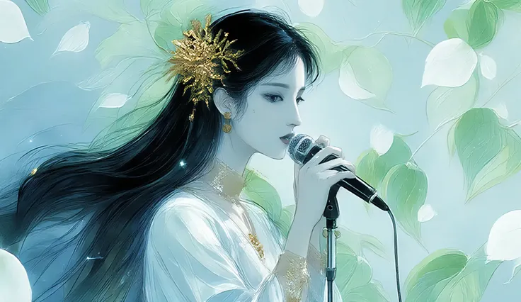A woman singing into a microphone.work. A woman wearing a golden natural motif accessory、 flowing , digital art with quiet and mystical scenes。they look like waves and fog、gracefully on translucent green leaves I'm leaning back. the leaves mix with delicat...