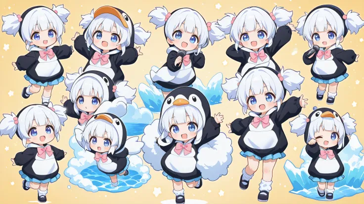 A woman singing into a microphone. Chibi, full body, cute girl, smile, fluffy short twin tails and sideburns in silky shiny flowing platinum, wearing a cute plump penguin costume, Pink Bow Tie, The background is an iceberg and ocean, masterpiece, Highest Q...