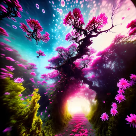 Underwater, bubbles from the deep, enhanced by ring art, purple flowers underwater, a bridge over old skeletons, waves of horror pink reverberate through the water, psychedelic, organic growth, twisted human woman in a white dress walks over the underwater...