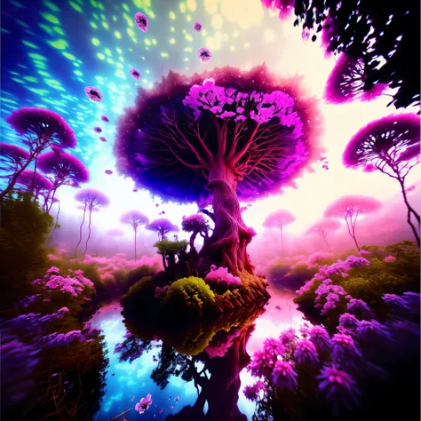 Underwater, bubbles from the deep, enhanced by ring art, purple flowers underwater, a bridge over old skeletons, waves of horror pink reverberate through the water, psychedelic, organic growth, twisted human woman in a white dress walks over the underwater...