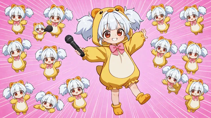 A woman singing into a microphone. Chibi, full body, cute girl, naughty smile, evil smile, yandere, silky shiny flowing platinum fluffy short pigtails and sideburns, wearing a cute puffy duck costume, pink bow tie, background is simple hot pink with variou...