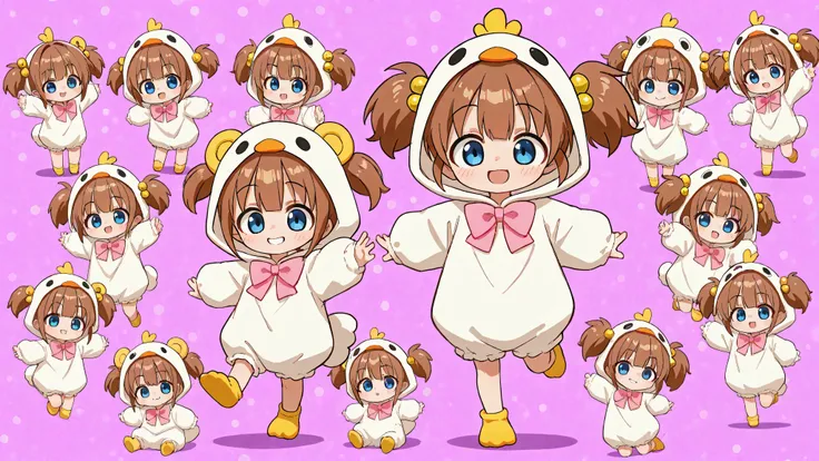 A woman singing into a microphone. Chibi, full body, cute girl, naughty smile, evil smile, yandere, silky shiny flowing platinum fluffy short pigtails and sideburns, wearing a cute puffy duck costume, pink bow tie, background is simple hot pink with variou...